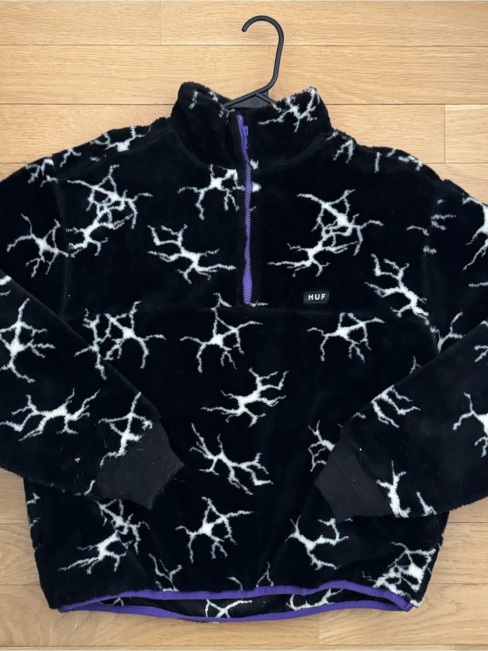HUF Black Fleece Pullover with White Pattern and Purple Trim